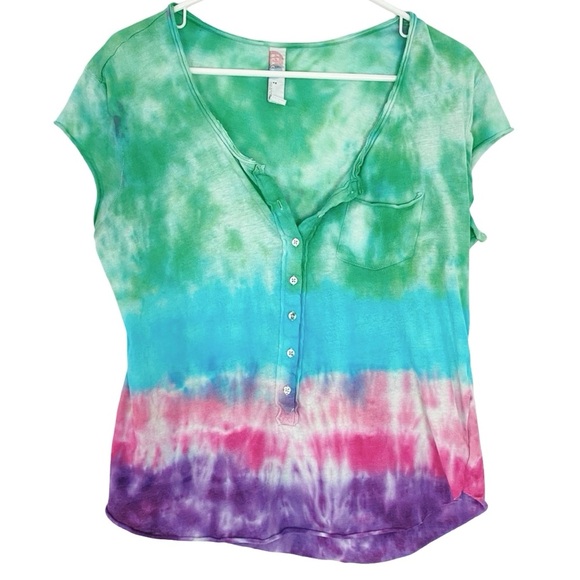 Free People Tie Dye Henley Tee Womens Size Small Pocket Short Sleeve FP Beach - Picture 1 of 10